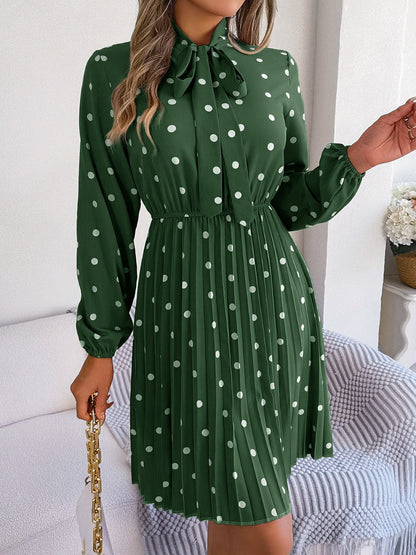 Polka Dot Tie Neck Pleated Dress Dark Green