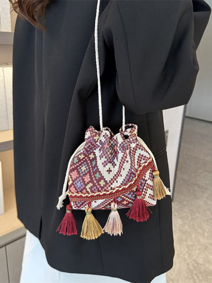 Tassel Spaghetti Strap Shoulder Bag Burgundy One Size