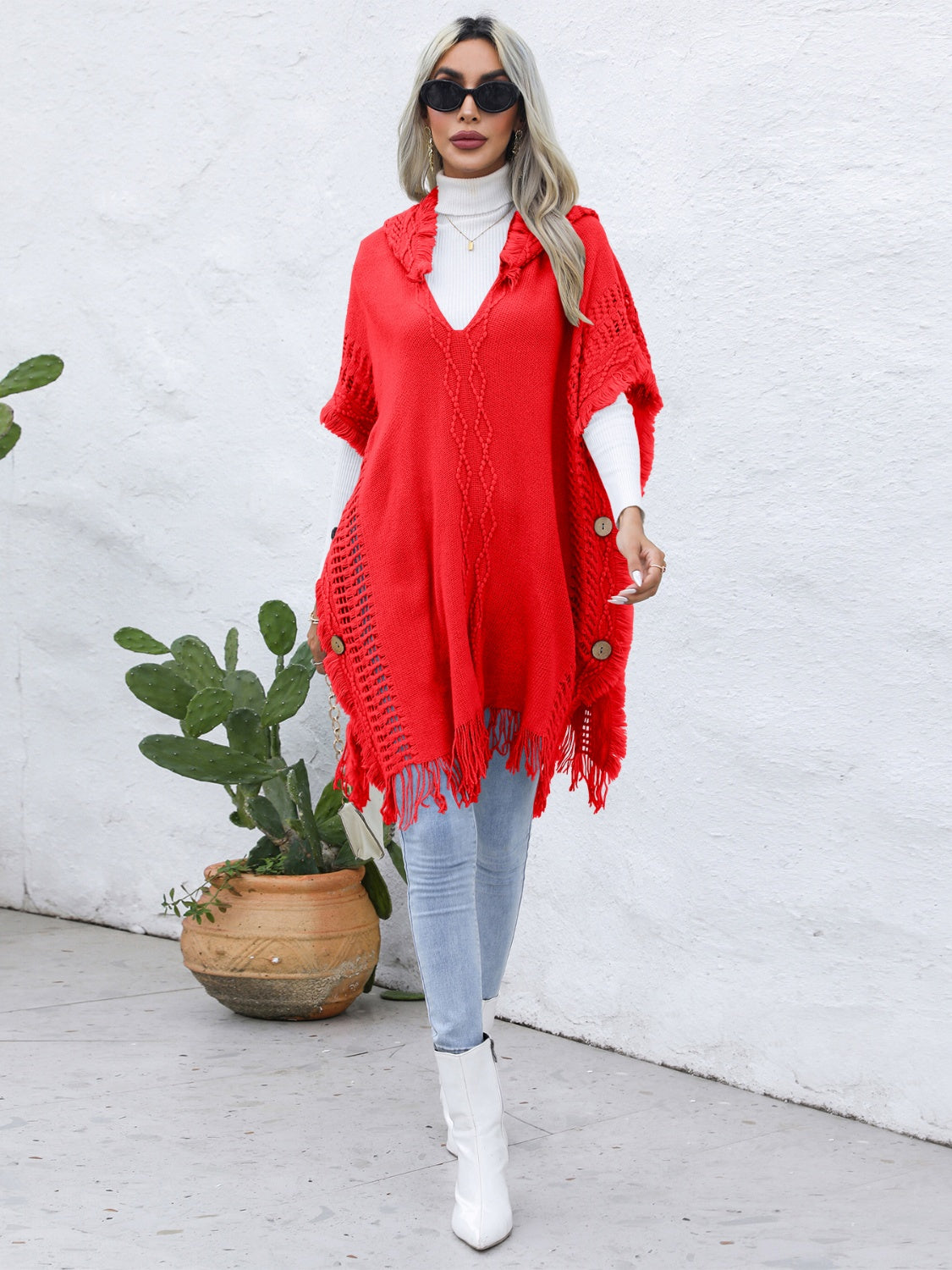 Fringe Trim Buttoned Hooded Poncho Red One Size