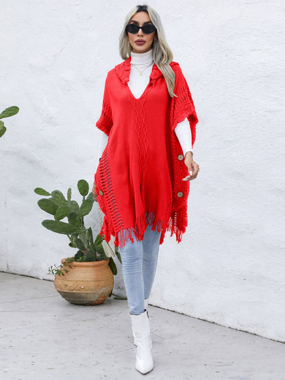 Fringe Trim Buttoned Hooded Poncho Red One Size