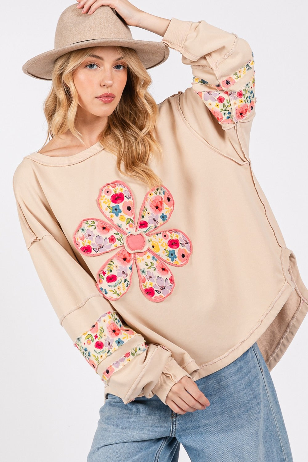 SAGE + FIG Daisy Patch Applique Long Sleeve Sweatshirt Oatmeal