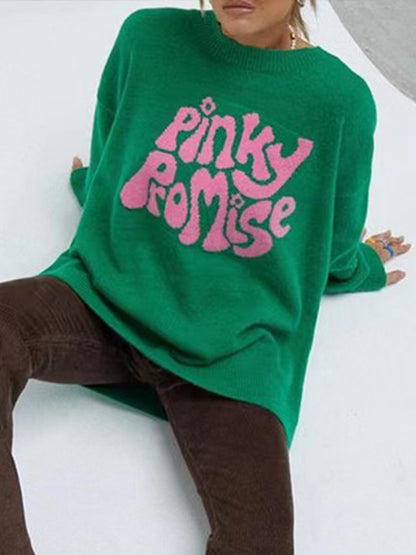 PINKY PROMISE Round Neck Drop Shoulder Sweater Green