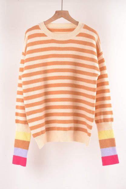 Warm Spice Striped Round Neck Sweater Cream