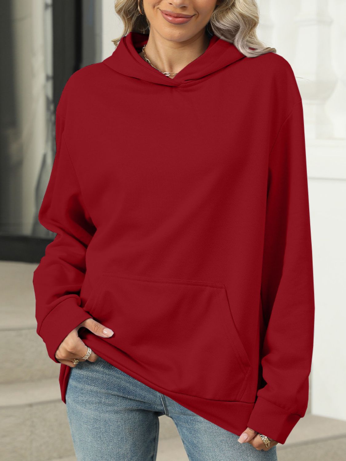 Pocketed Long Sleeve Hoodie Burgundy