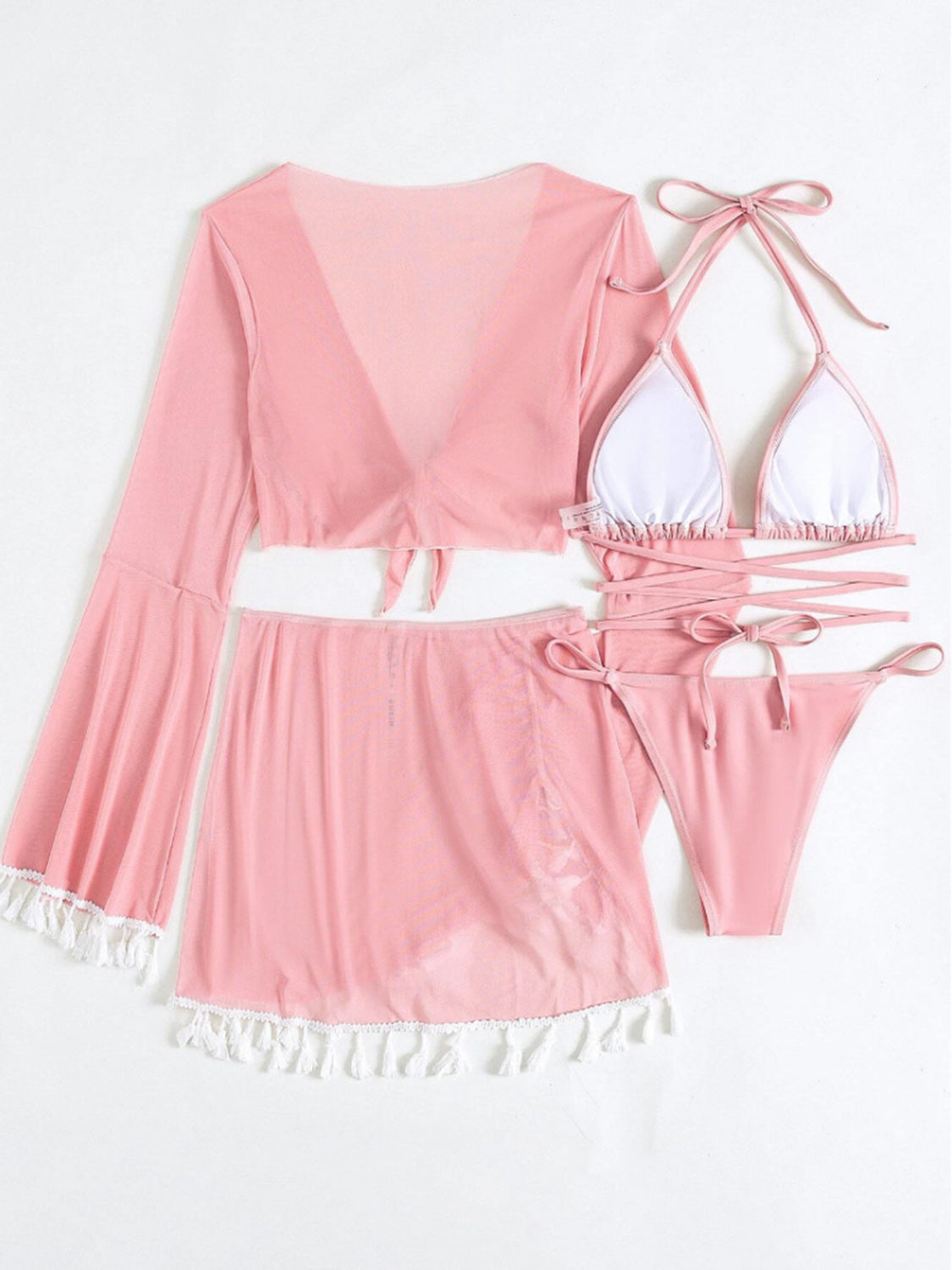 Halter Neck Bra, Bottom, Tassel Flare Sleeve Cover-Up and Skirt Four-Piece Swim Set - Thandynie