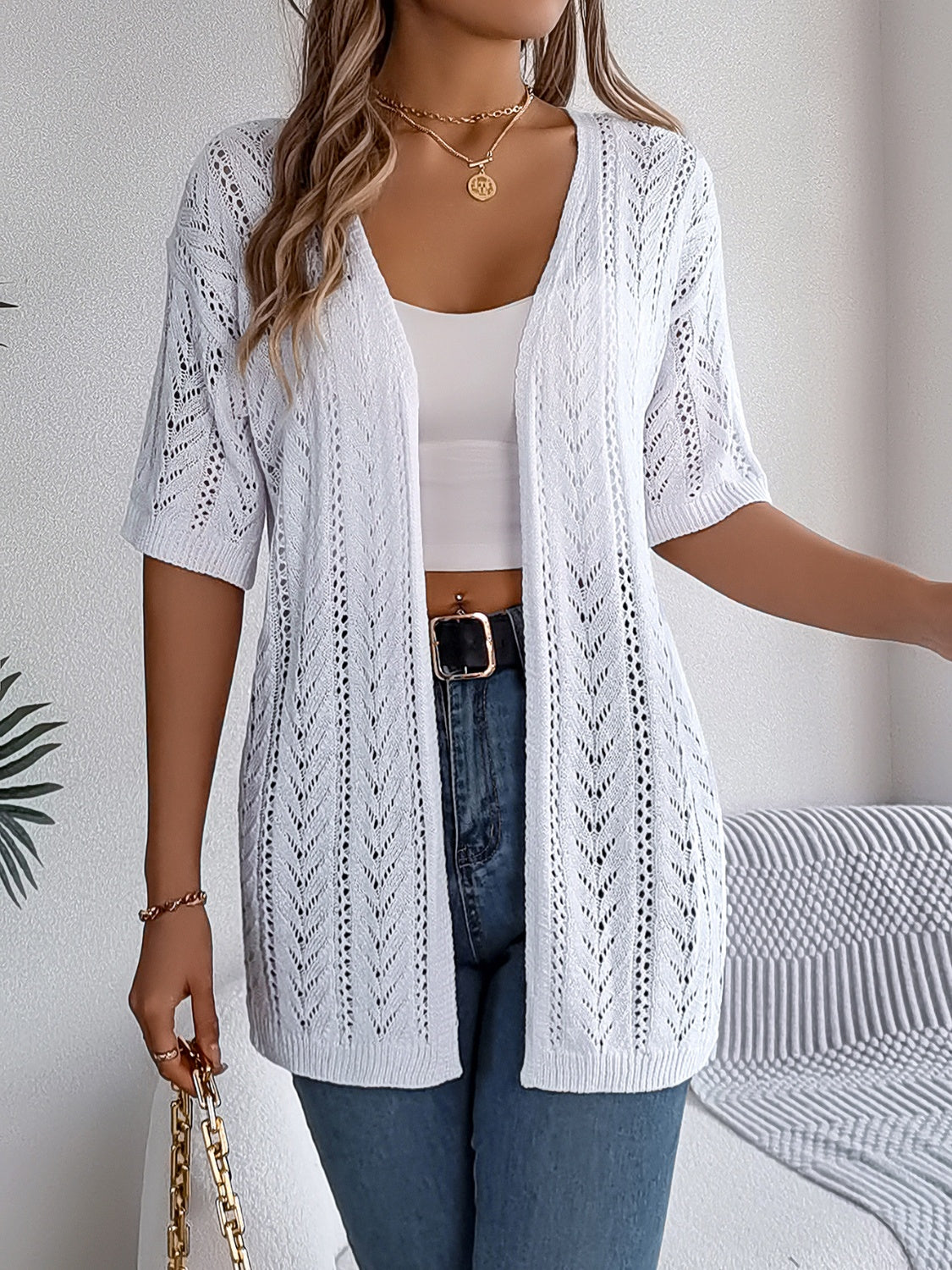 Openwork Open Front Half Sleeve Cardigan - Thandynie