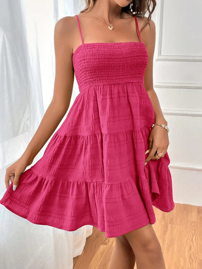 Smocked Tiered Sleeveless Mini Dress - 100% Polyester, Opaque, Chic Summer Style Hot Pink