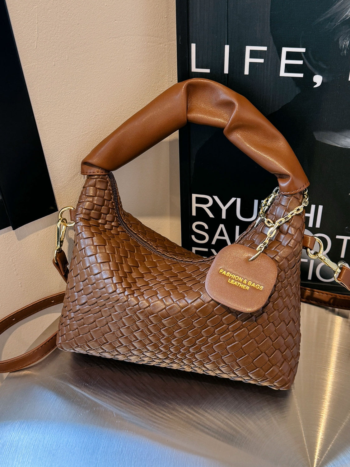 PU Leather Woven Crossbody Bag Brown One Size