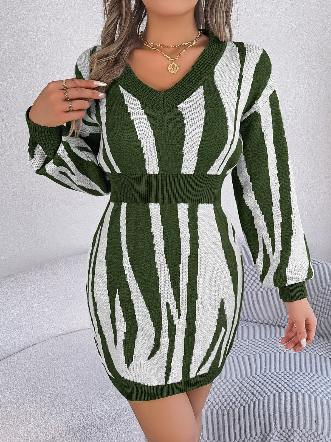 Animal Print V-Neck Long Sleeve Sweater Dress - 100% Acrylic, Moderate Stretch, Machine Washable