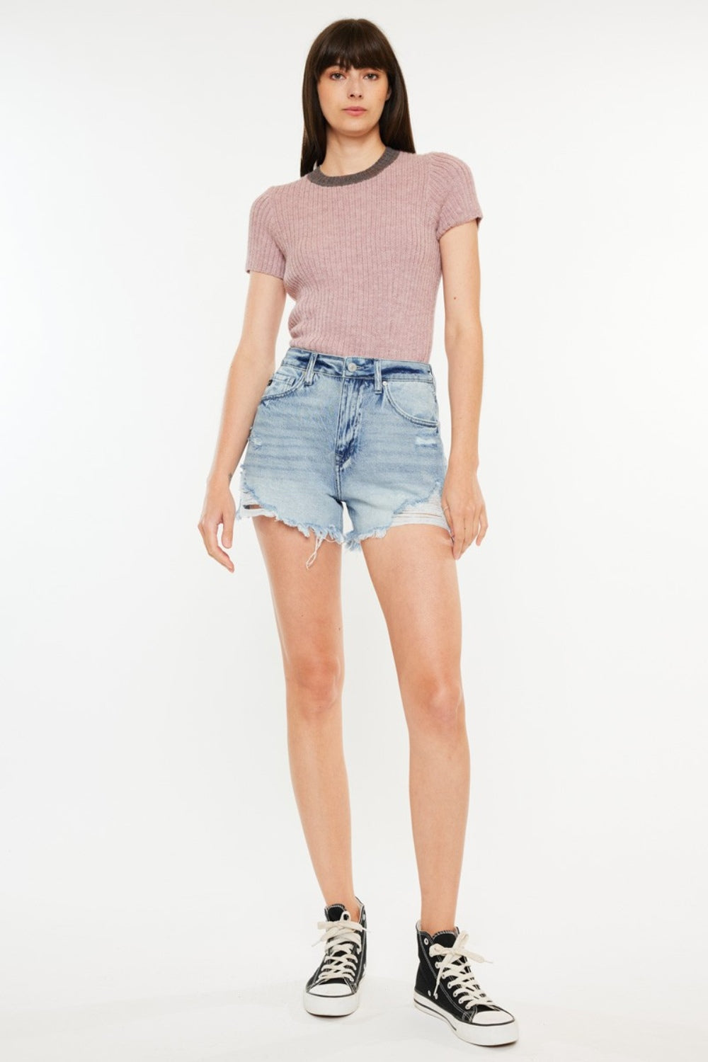 Kancan Distressed High Waist Denim Shorts with Pockets Medium