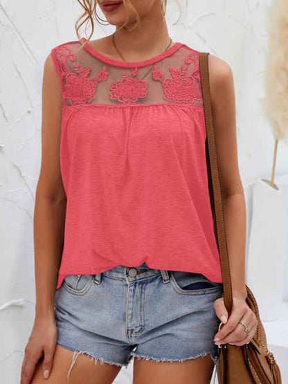 Lace Detail Round Neck Tank Hot Pink