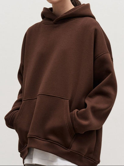 Pocketed Dropped Shoulder Long Sleeve Hoodie Chocolate