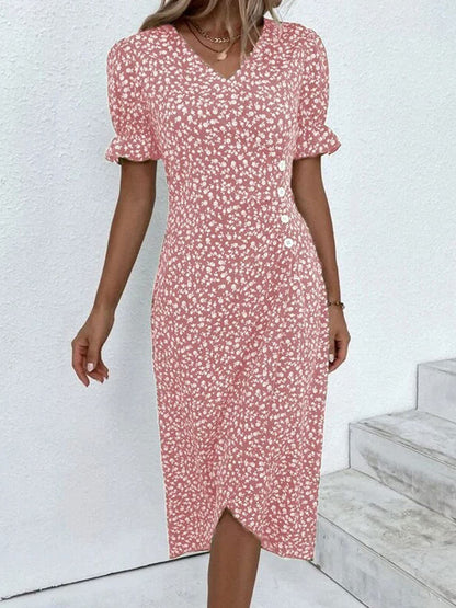 Full Size Printed Surplice Flounce Sleeve Midi Dress Dusty Pink