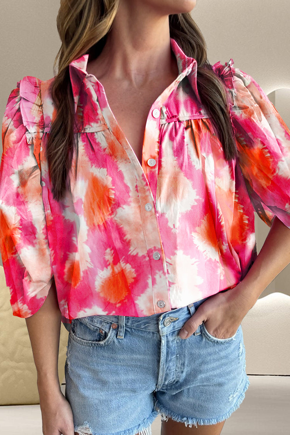 Frill Contrast Print Collared Neck Half Sleeve Shirt - Thandynie