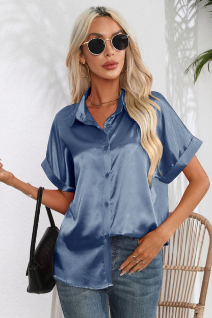 Collared Neck Short Sleeve Shirt Light Blue