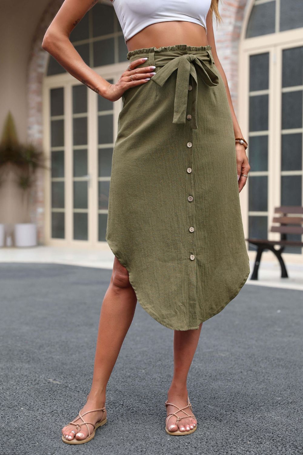 Tie Belt Frill Trim Buttoned Skirt Green