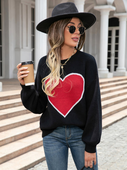 Heart Graphic Round Neck Sweater Black