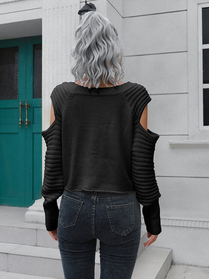 Cold-Shoulder Ribbed Trim Sweater