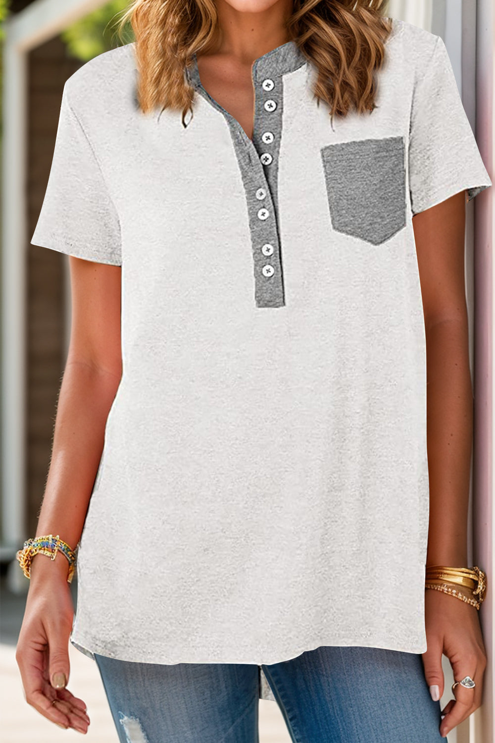 Full Size Half Button Short Sleeve T-Shirt | Casual Comfort with Pocket & Button Detail White