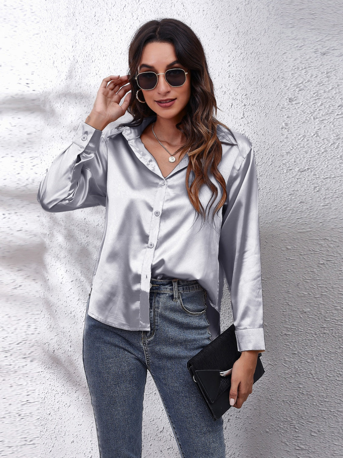 Collared Neck Buttoned Long Sleeve Shirt Light Gray