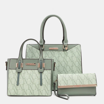 Nicole Lee USA 3-Piece Letter Print Texture Handbag Set SAGE One Size