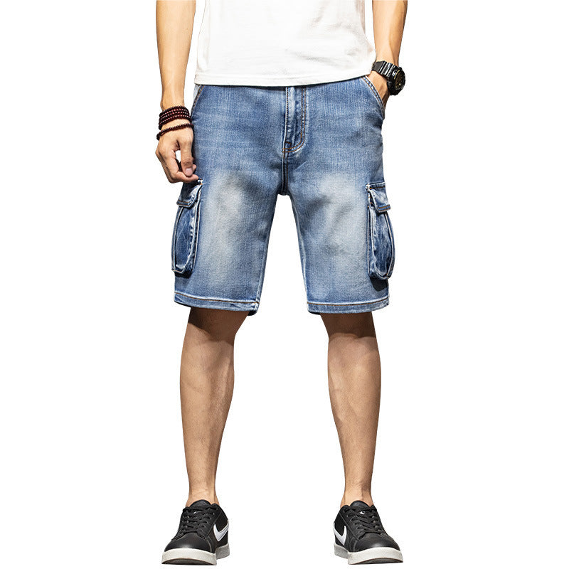 Multi-Pocket Workwear Five Points Denim Shorts Men Light blue