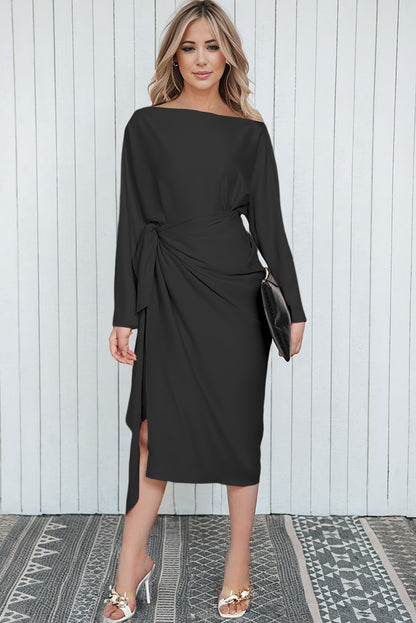 Boat Neck Long Sleeve Twisted Midi Dress Black