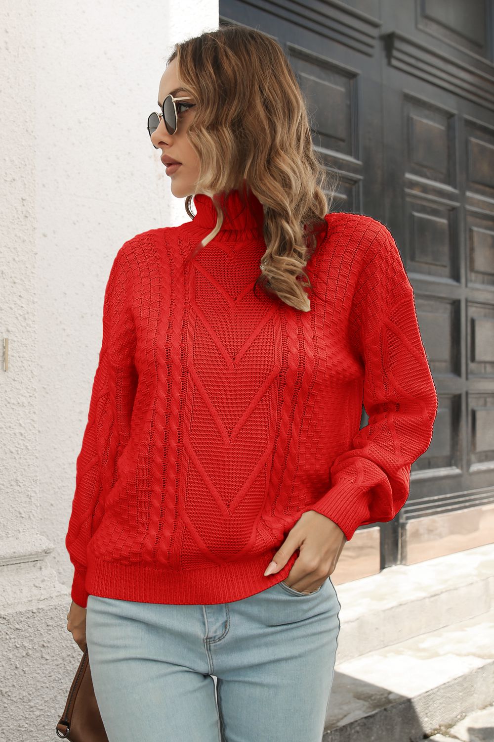 Cable-Knit Turtleneck Sweater Red