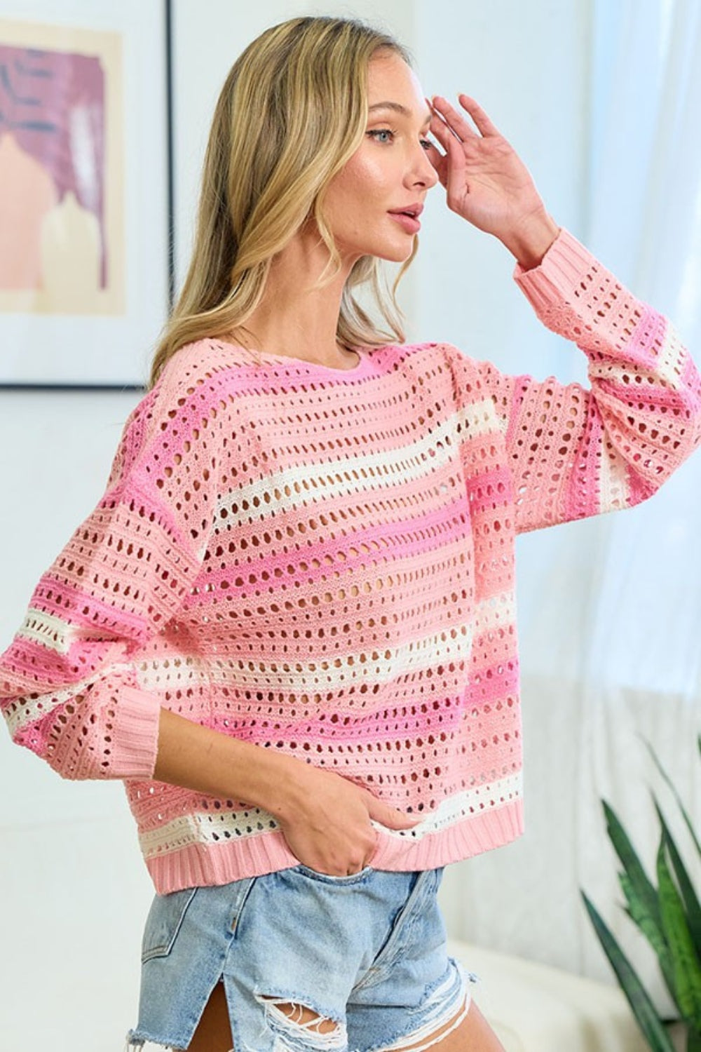 First Love Striped Long Sleeve Openwork Knit Top