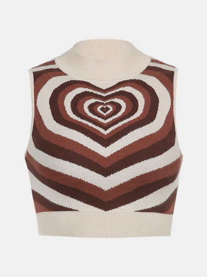 Heart Mock Neck Sweater Vest Brown