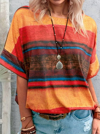 Full Size Color Block Round Neck Half Sleeve T-Shirt Orange