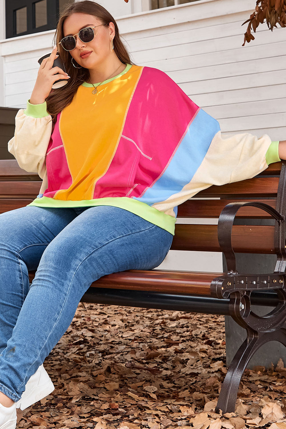 Rose Red Plus Size Colorblock Patchwork Exposed Seam Sweatshirt