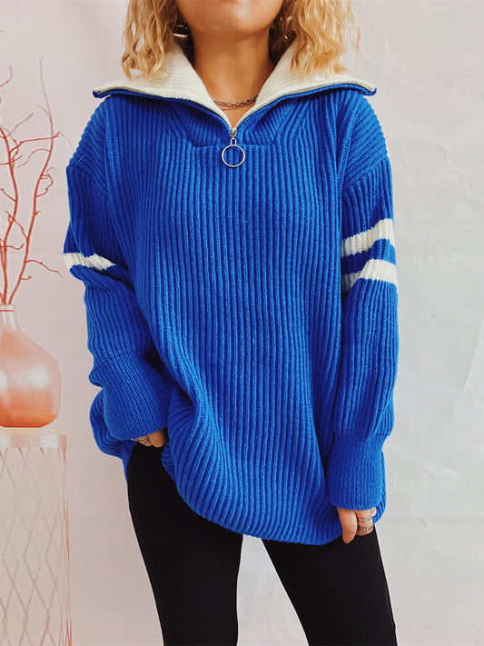 Ribbed Two-Tone Half Zip Sweater Royal Blue