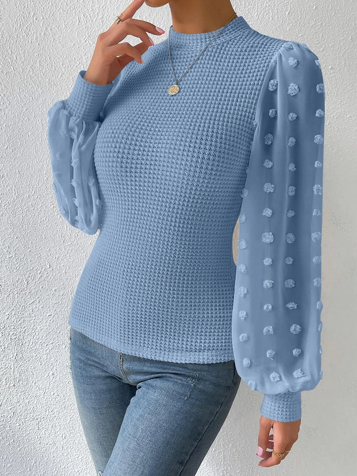 Swiss Dot Waffle-Knit Lantern Sleeve T-Shirt - Thandynie