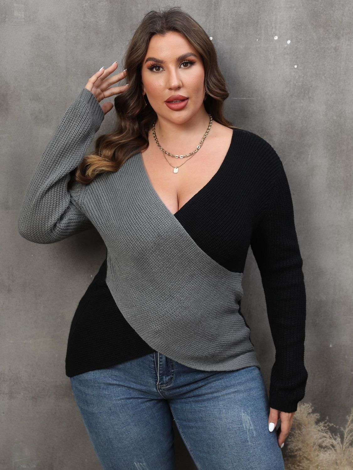 Plus Size Two-Tone Surplice Neck Sweater Dark Gray