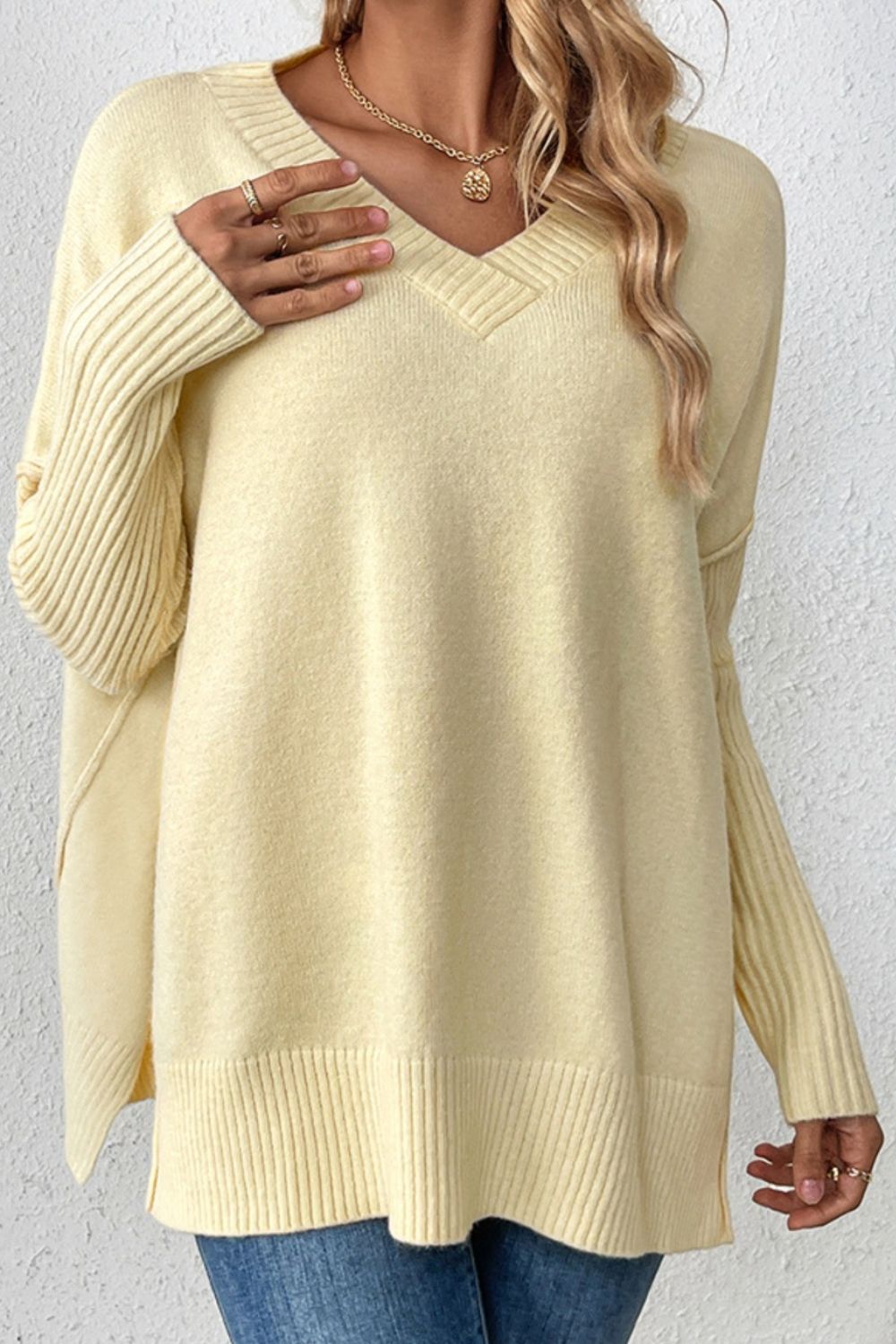 Slit V-Neck Dropped Shoulder Sweater Tan