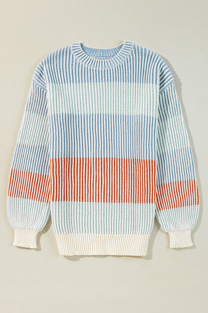 Striped Color Block Round Neck Long Sleeve Sweater Dusty Blue