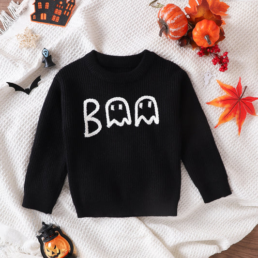 Boy's Cartoon Ghost Embroidered Long-Sleeved Sweater - Cute Black Pullover for Toddlers & Kids