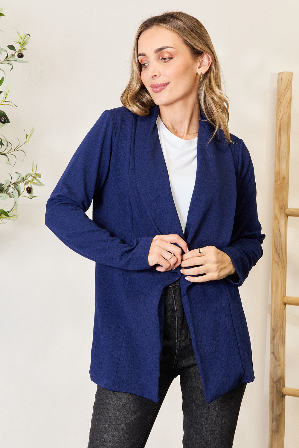 Heimish Full Size Statement Neck Open Front Blazer Dark Blue