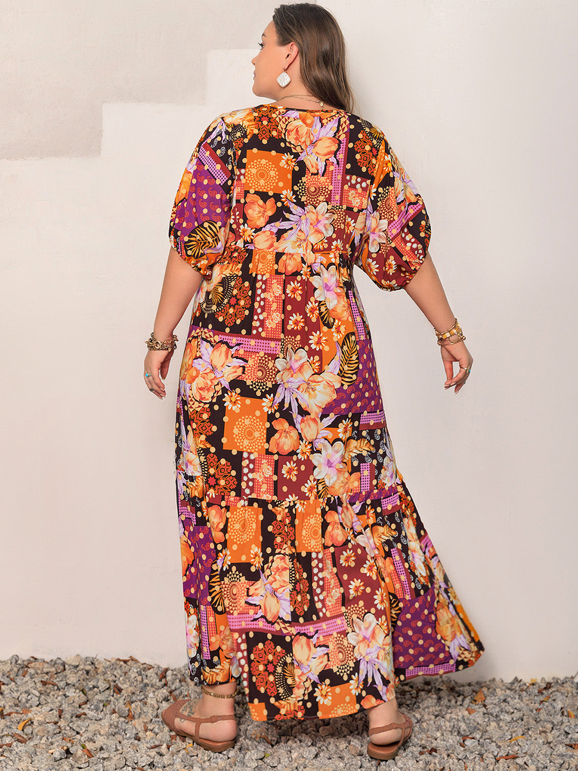 Plus Size Printed V-Neck Half Sleeve Maxi Dress - Thandynie