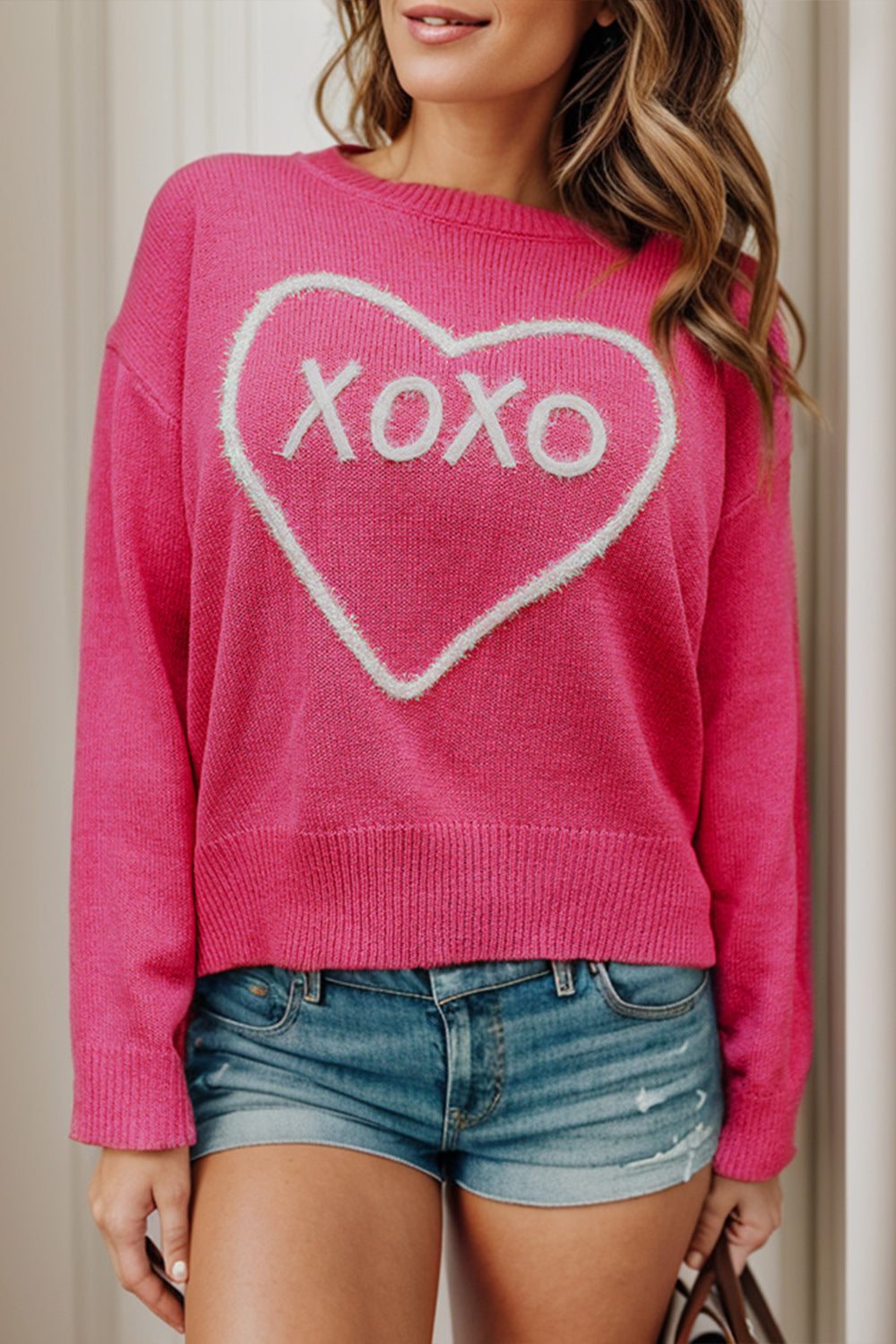 XOXO Heart Round Neck Dropped Shoulder Sweater Hot Pink