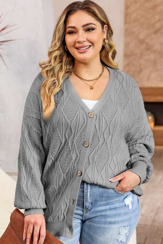 Gray Plus Size Knitted Hollow out Button up Cardigan Gray 50%Viscose+28%Polyester+22%Polyamide