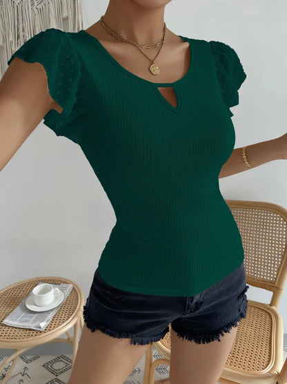 Swiss Dot Round Neck Cap Sleeve Top Dark Green