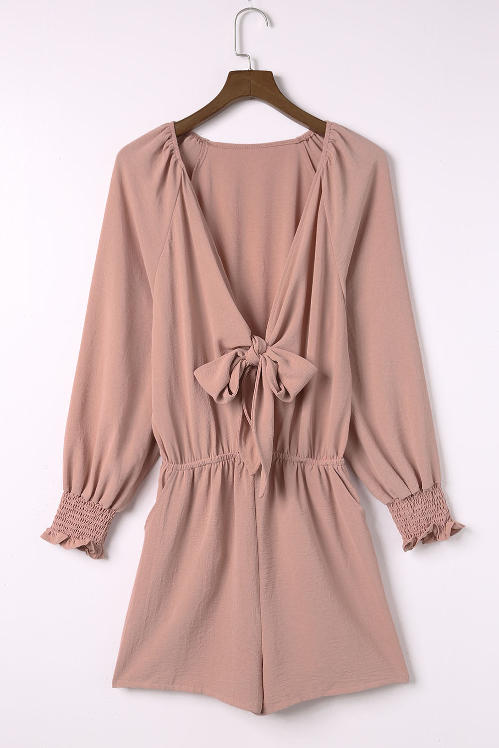 Tied Flounce Sleeve Plunge Romper Dusty Pink