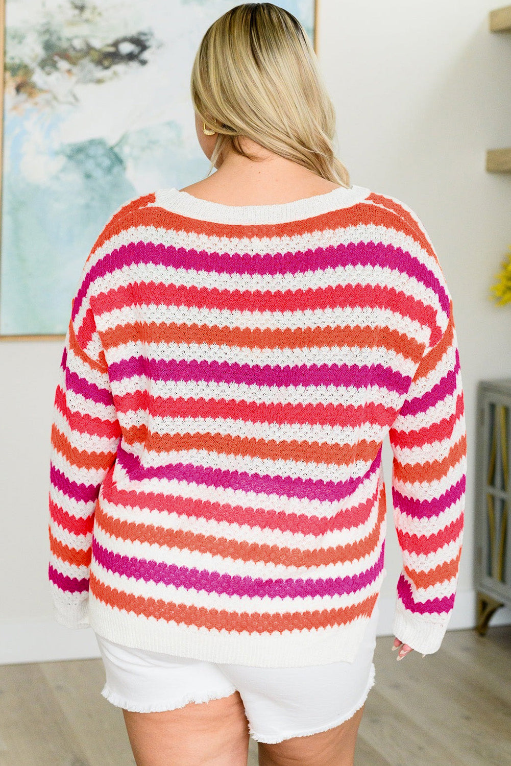 Pink Stripe V Neck Drop Shoulder Plus Size Sweater