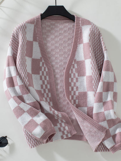 Double Take Checkered Open Front Dropped Shoulder Cardigan Dusty Pink