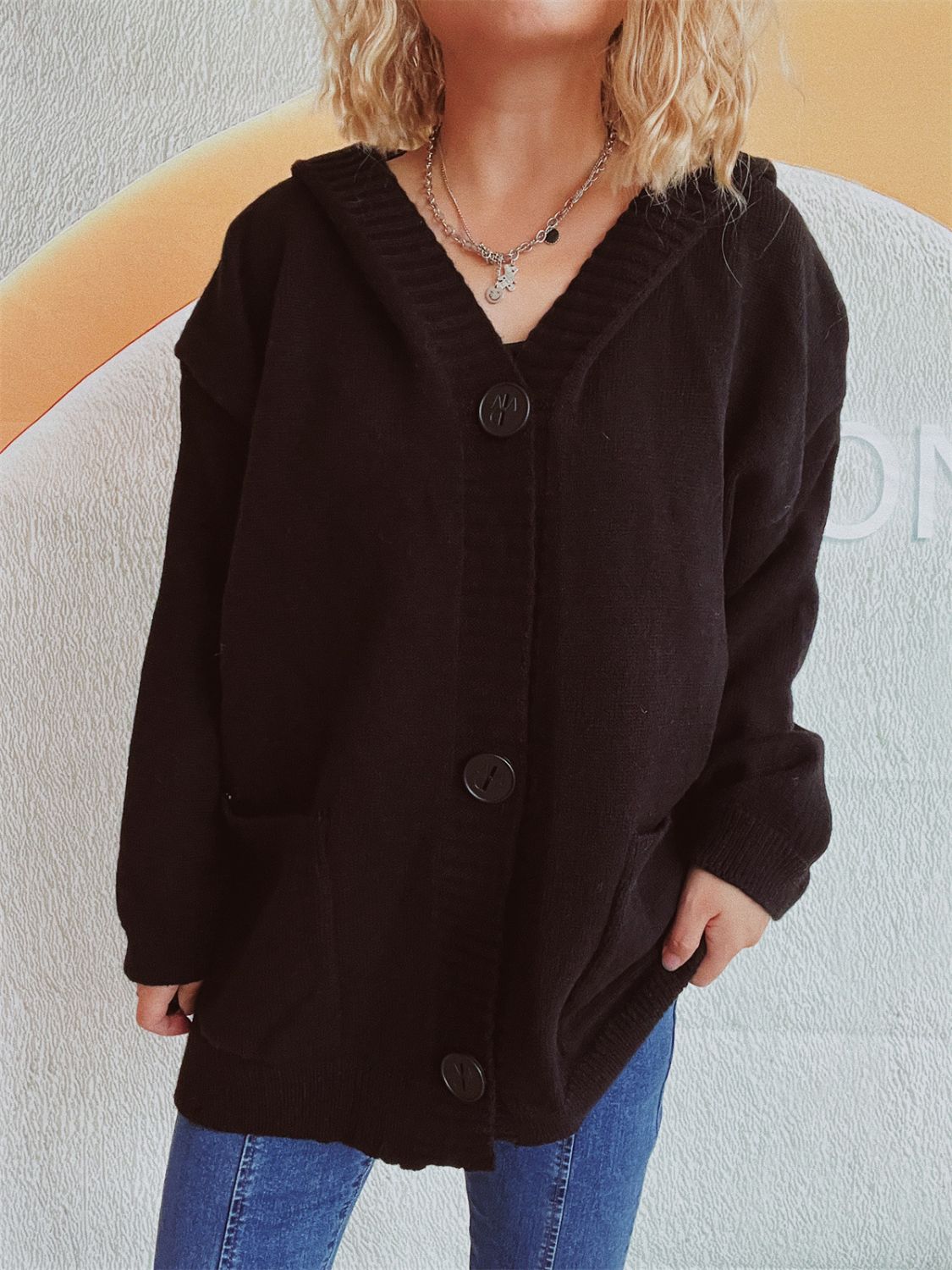 Dropped Shoulder Long Sleeve Hooded Cardigan Black One Size