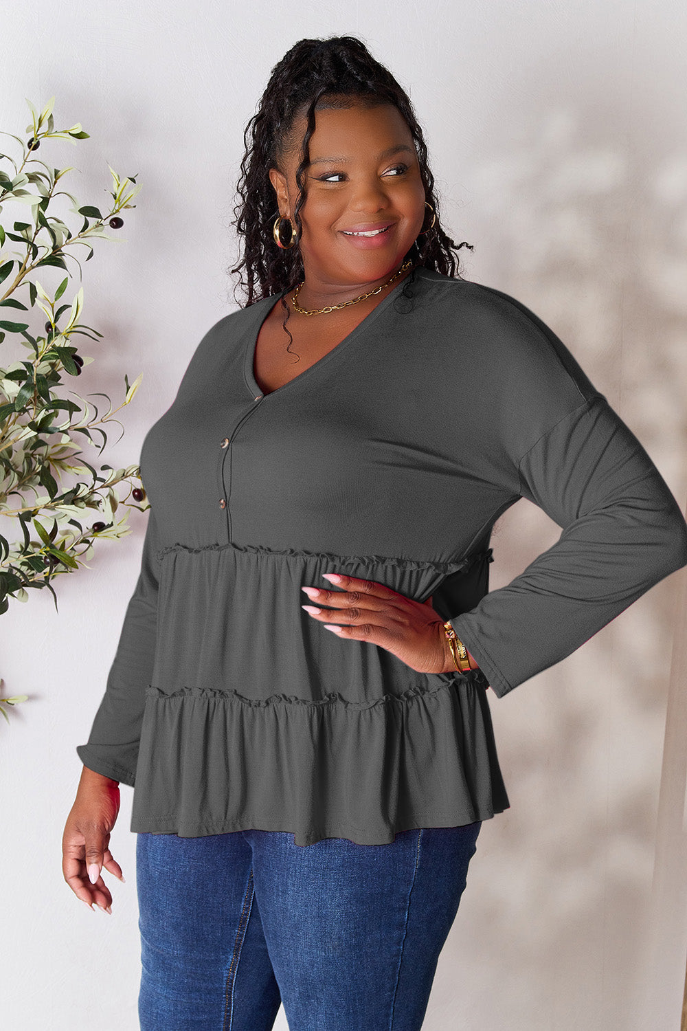 Double Take Half Button Long Sleeve Ruffle Hem Blouse Dark Gray