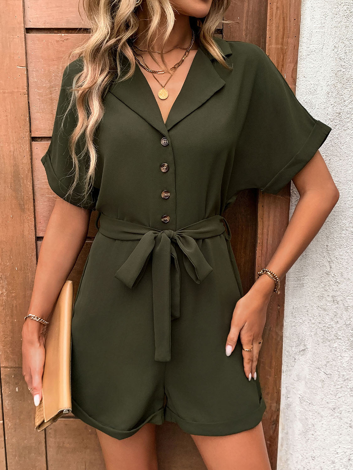 Half Button Tie Waist Short Sleeve Romper Army Green