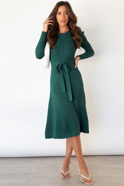 Round Neck Long Sleeve Tie Waist Sweater Dress Deep Teal